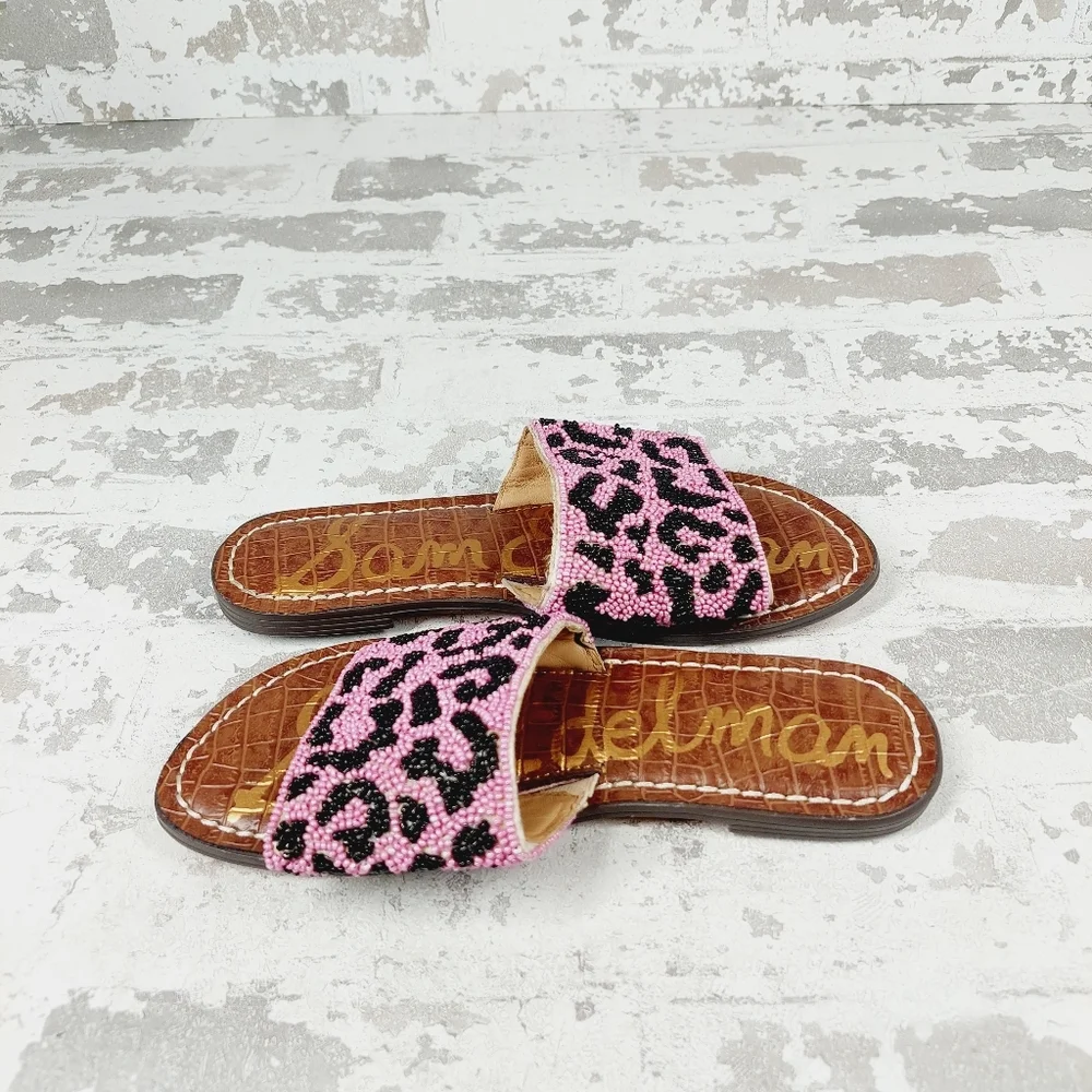 NEW Sam Edelman Gunner Pink Black Leopard Print Summer Slide Sandals D125